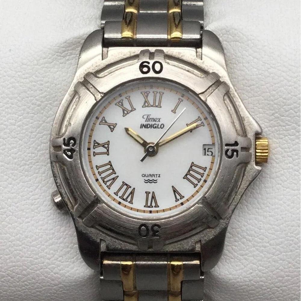 Timex Indiglo Womens Watch 28mm White Dial Two Tone Bracelet New Battery 5.5